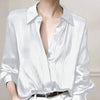 Women's Black Satin-Finish Button-Up Shirt, 100% Polyester Long Sleeve, Regular Fit, Machine Washable