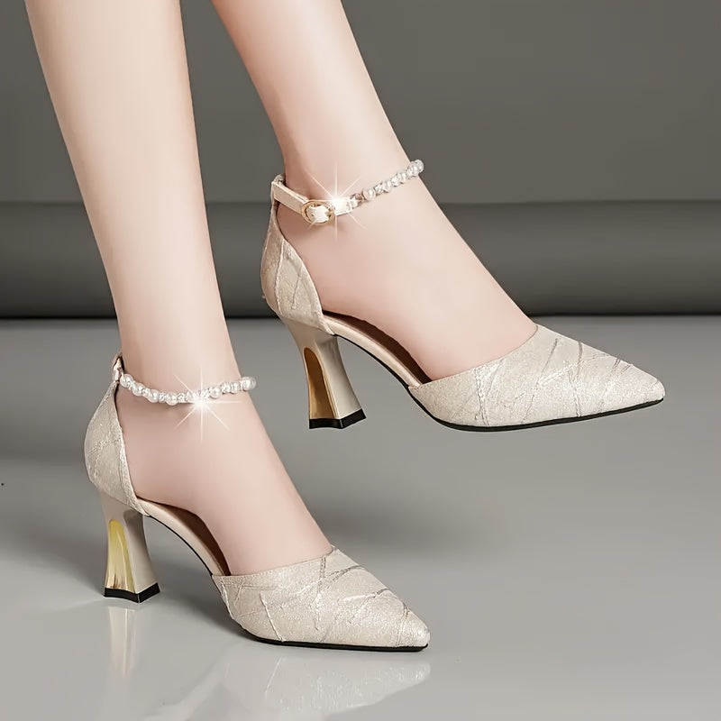 Women's Faux Pearl Ankle-Strap Pointed Toe Dress Pumps - Elegant Block High Heels