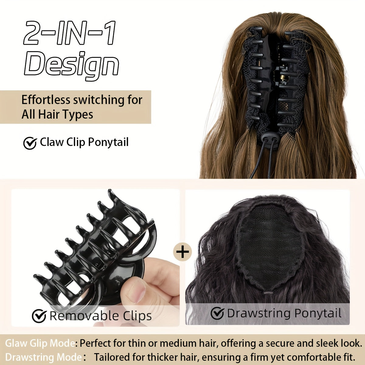 28-Inch (70 cm) Claw Ponytail Extension – Ombre Water Wave Heat-Resistant Synthetic Hair, Black to Dark Brown