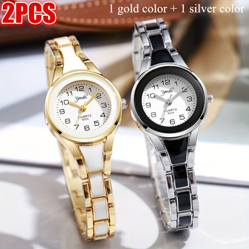 2-Pack Women’s Bracelet Quartz Watches – Gold & Silver Stainless Steel Wrist Watch Set