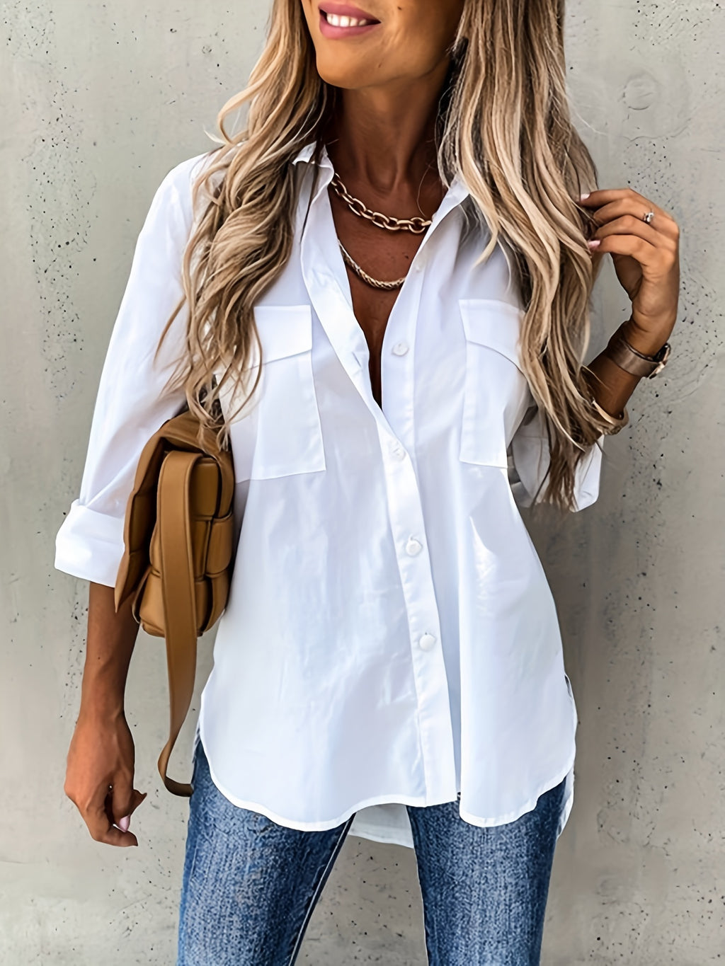 Women's Button-Front Collared Long Sleeve Shirt — Solid Casual Office Blouse