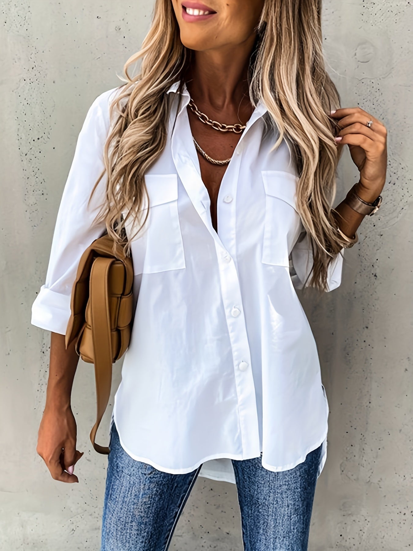 Women's Button-Front Collared Long Sleeve Shirt — Solid Casual Office Blouse