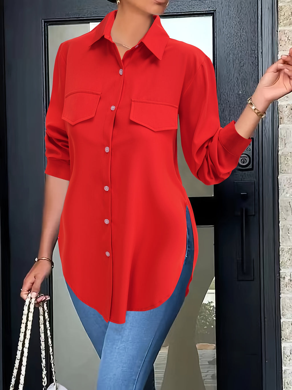 Women's Lapel Collar Button-Front Shirt — Solid Woven Blouse, Lightweight Semi-Sheer All-Season Casual Top