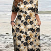 Plus Size Floral Maxi Dress with Side Pockets - Golden Floral Print, Loose Fit, Round Neck, All-Season
