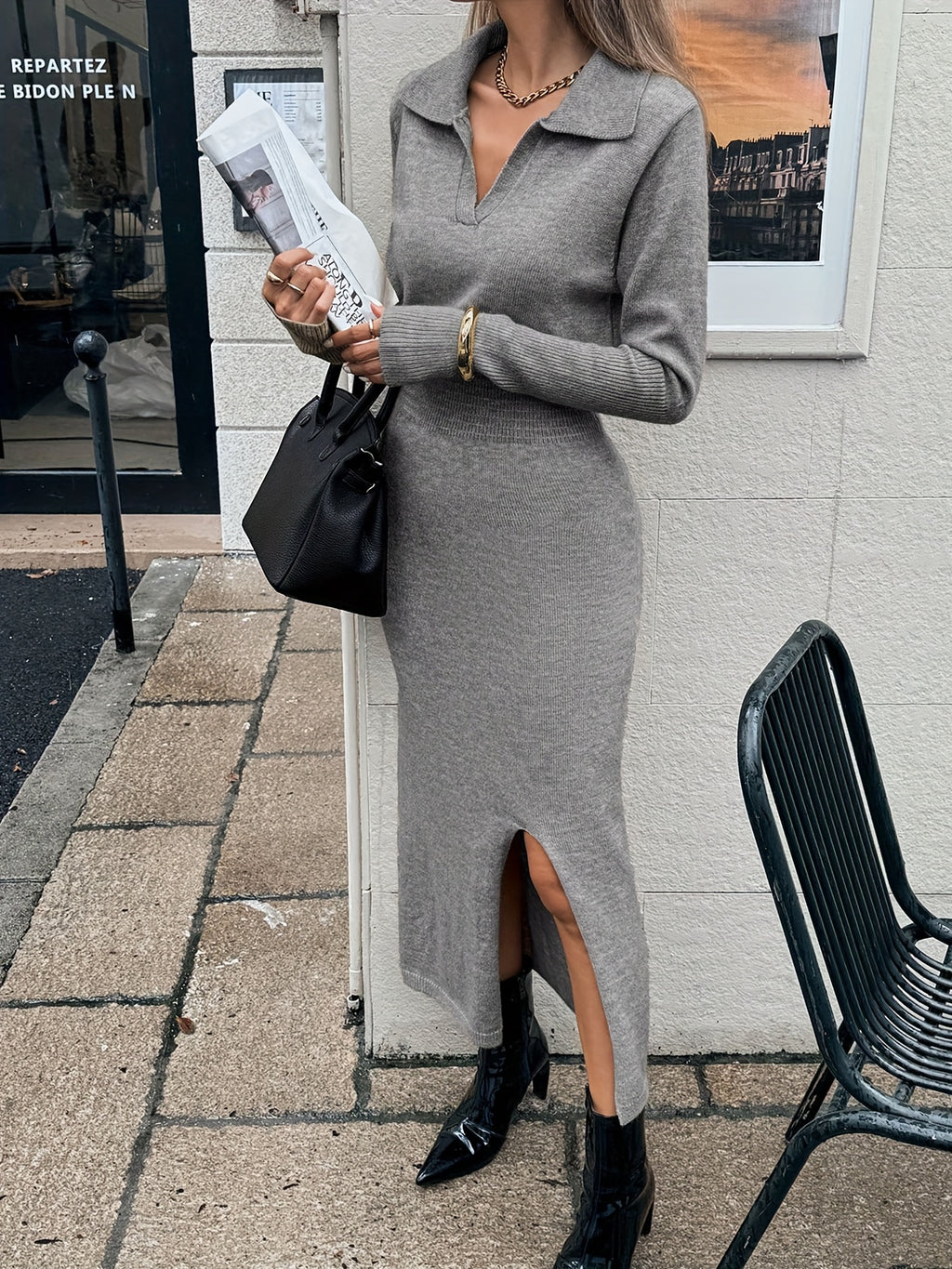 Women's Slim-Fit Knit V-Neck Dress with Split Hem — Short & Long Sleeve Options, Machine Washable (White, Black, Navy, Beige)