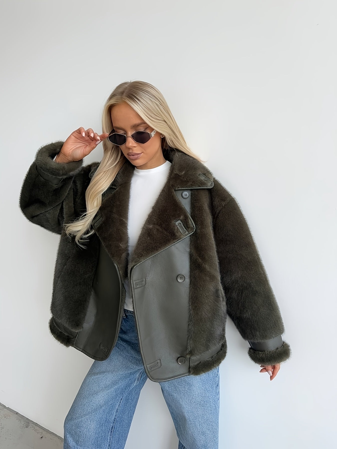 AFTF BASIC Women's Long Faux Mink Fur Jacket, Asymmetrical Hem Motorcycle Coat with Turnover Collar and Faux Fur Lining