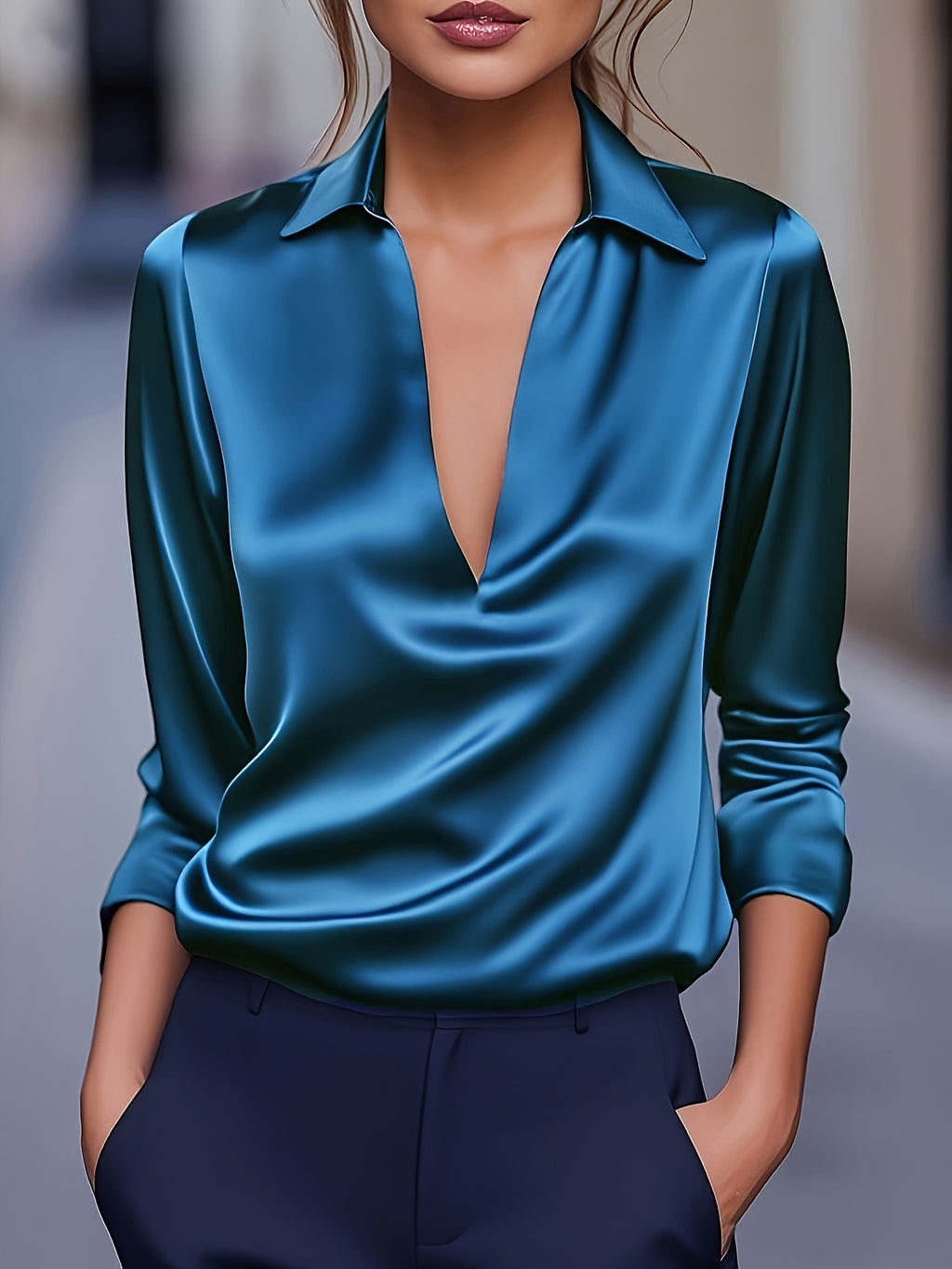Silvery Satin V-Neck Blouse for Women, Long Sleeve Button-Front Satin Shirt, Elegant Smooth Finish