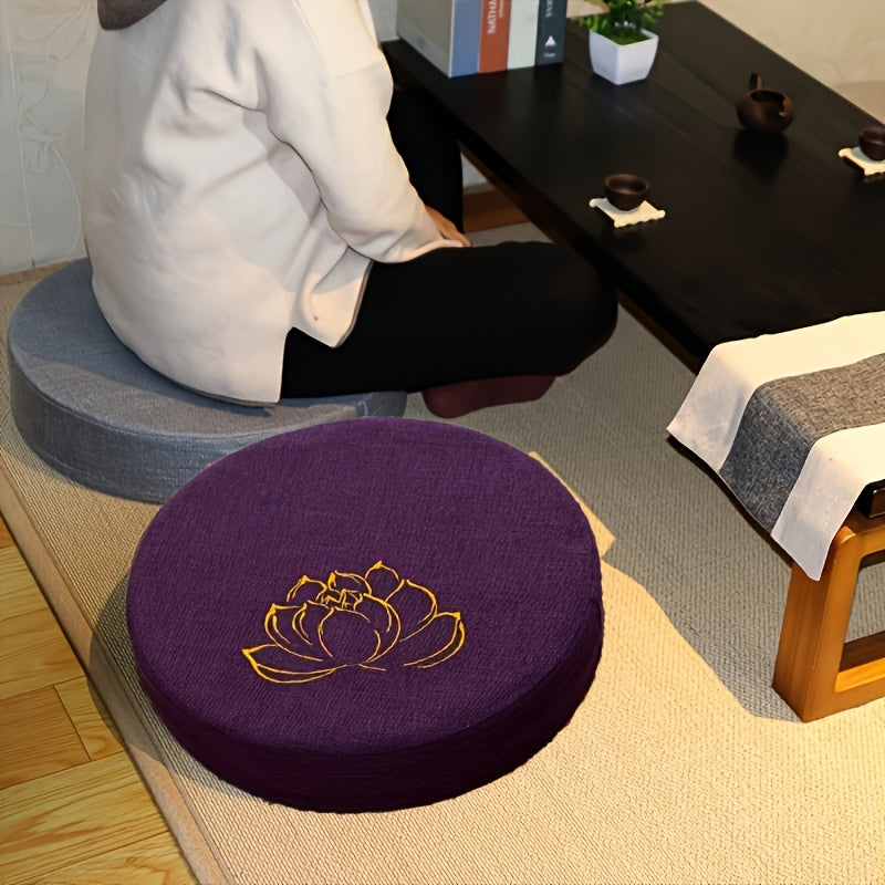 Purple Lotus Hemp Meditation Mat — Circular Woven Yoga Mat, Thick Medium-Firm Support for Kneeling & Floor Sitting