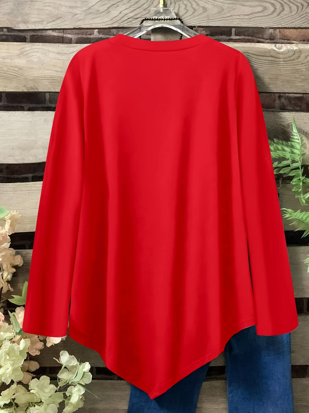 Plus Size Women's Loose Fit Long Sleeve Top with Button Detail, Round Neck & Asymmetrical Hem