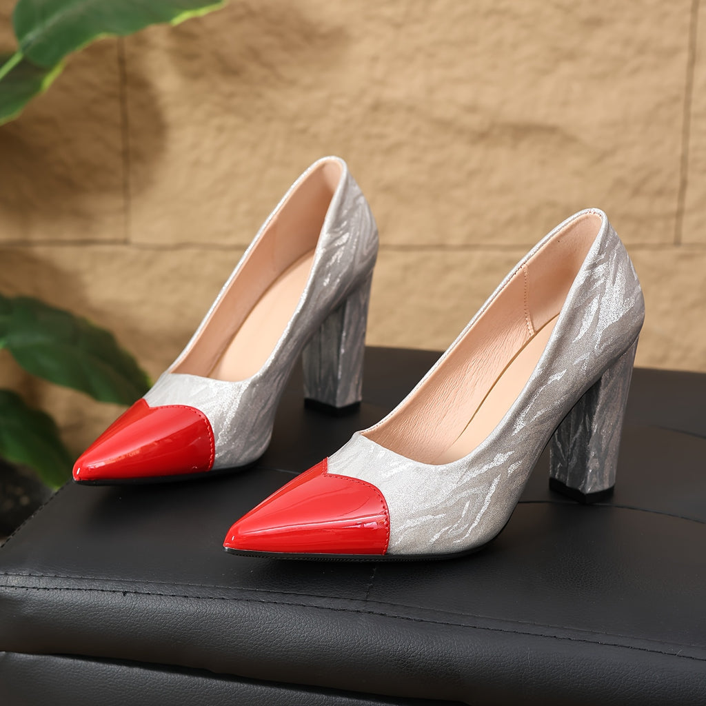 Women's Pointed-Toe D'Orsay Block Heel Pumps - Synthetic Upper, Comfortable Formal Heels for Parties & Dates, Red/Black