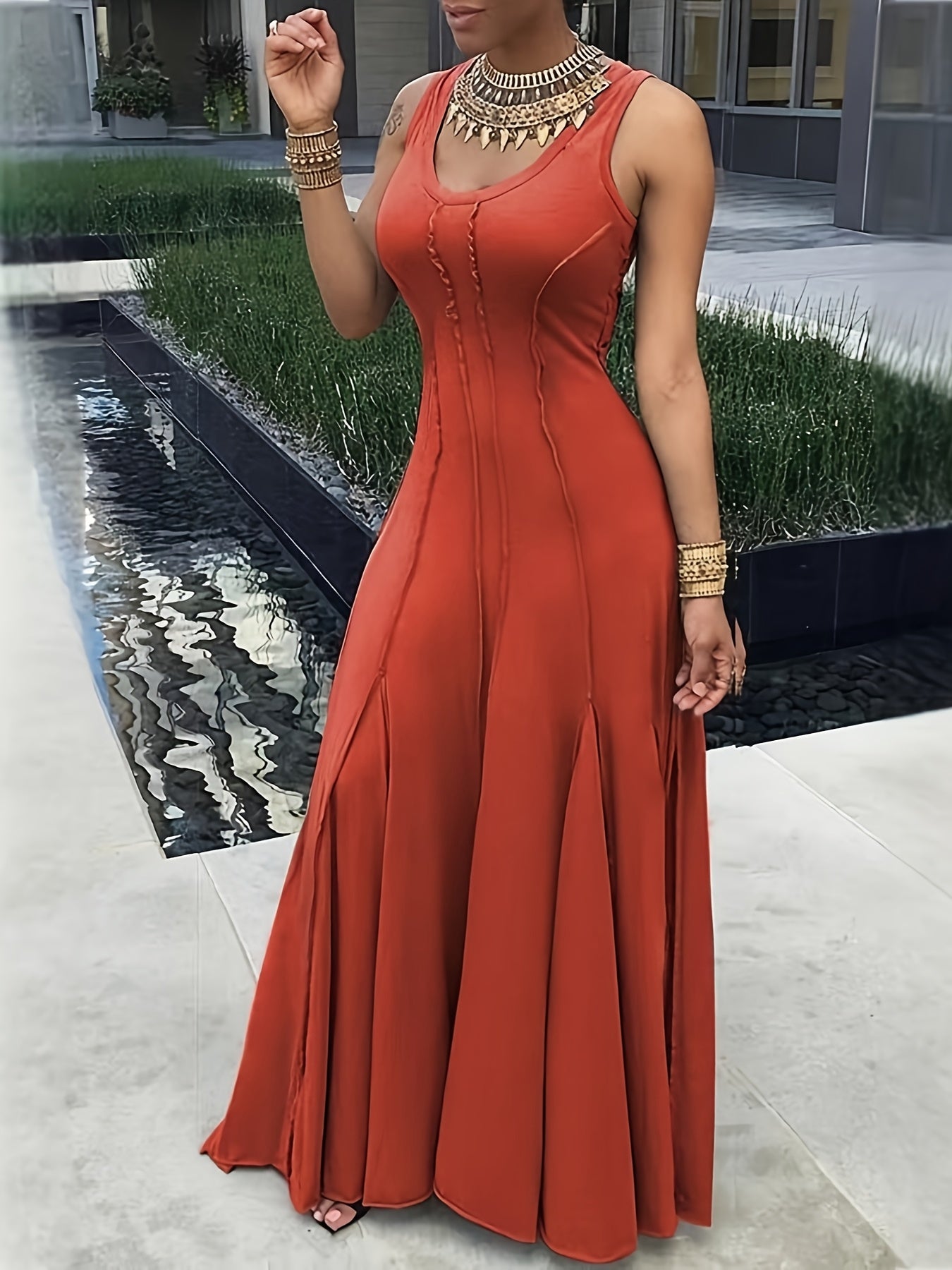 Women's Solid Color Knit Scoop Neck Sleeveless Fit and Flare Dress – All-Season Stretch Polyester (95% Polyester, 5% Elastane, 190 g/m²)