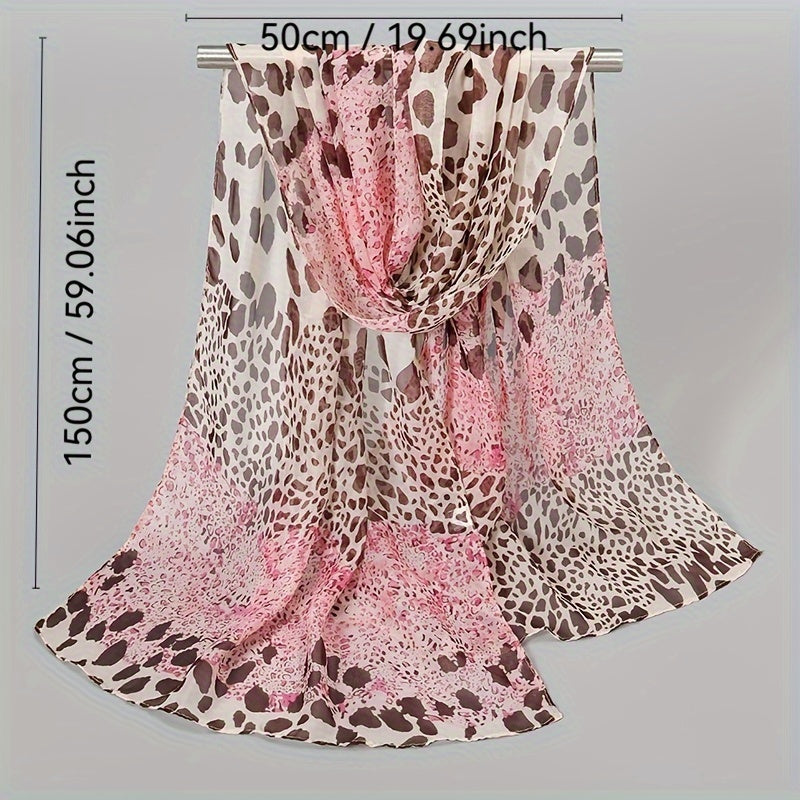 Bohemian Leopard Print Chiffon Scarf for Women – Lightweight Breathable Beach Shawl, Pink & Brown Animal Print on White, Vintage Travel Wrap with Sun Protection