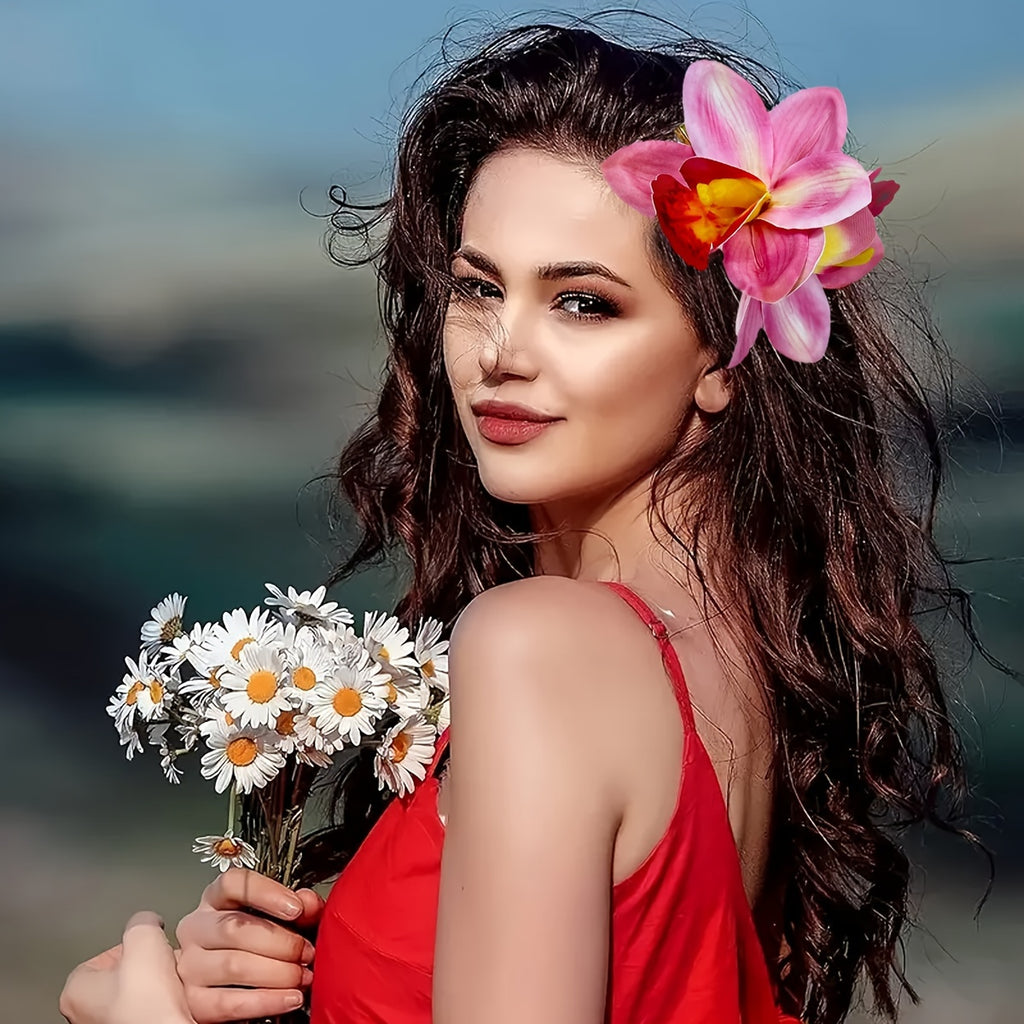 Bohemian Fabric Flower Hair Clip – Tropical Orchid Duckbill Side Hairpin for Weddings & Beach Parties