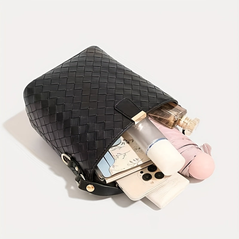 Women's Woven Faux Leather Bucket Handbag - Black Crossbody Shoulder Bag with Golden Hardware, Magnetic Closure, Adjustable Detachable Strap