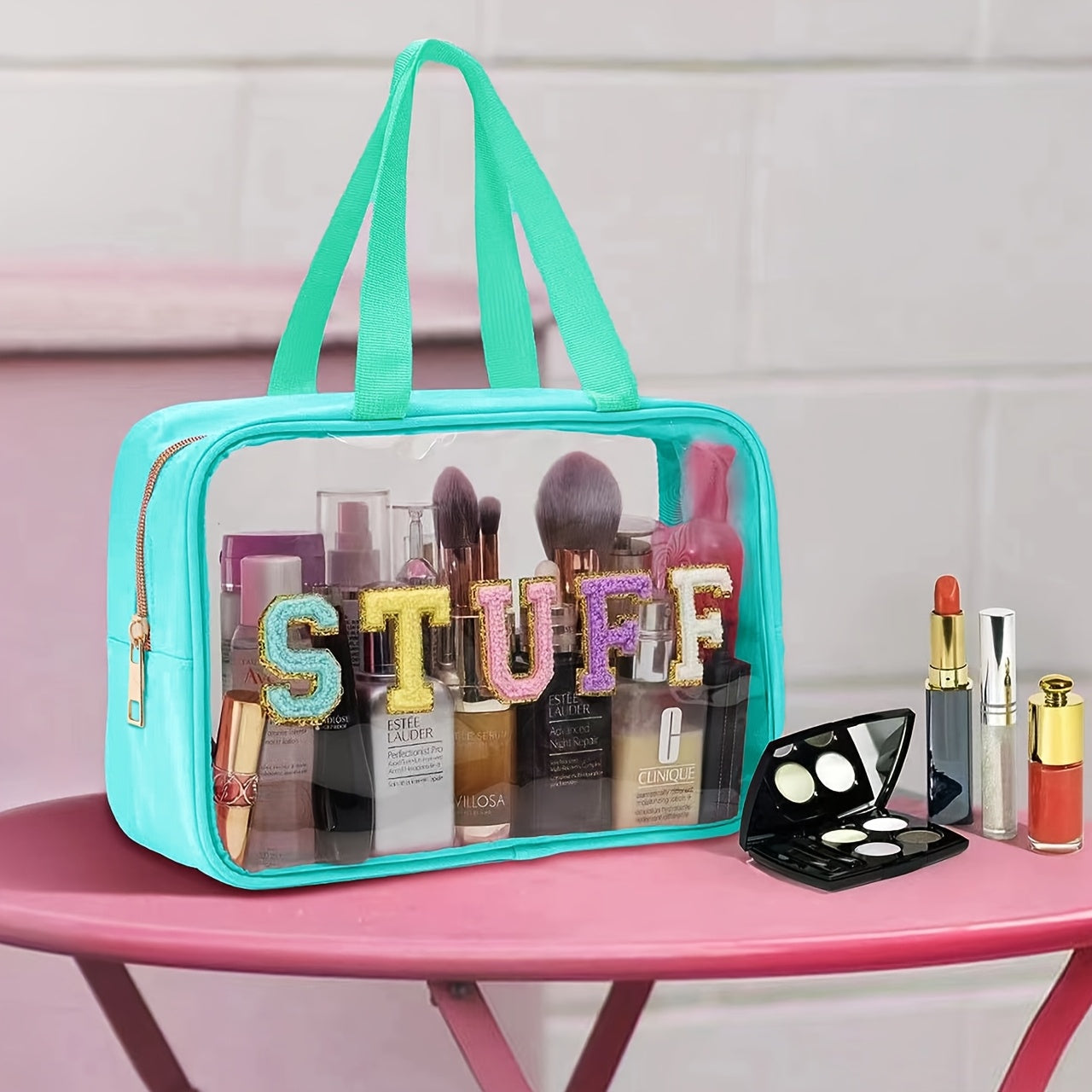 Large Transparent Makeup Organizer Bag with SURF Embroidery | Foldable Travel Cosmetic Pouch with Double-Handle Zipper