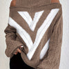 Plus Size Off-Shoulder High-Neck Cable Knit Sweater, Grey & White Striped Pullover, Machine Washable