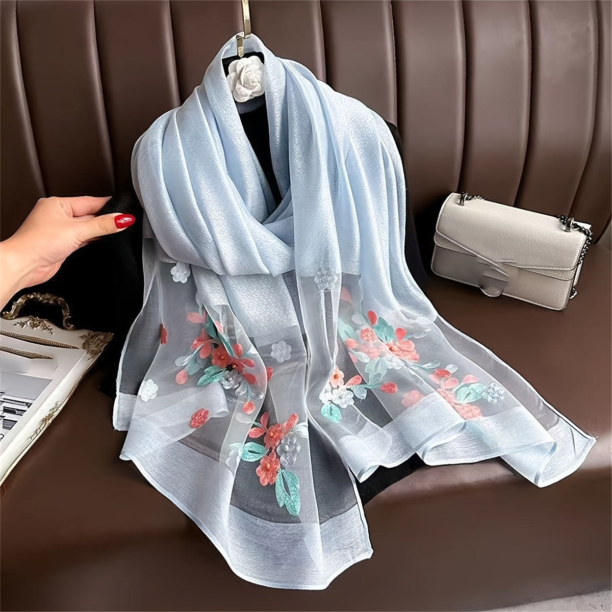 Embroidered Floral Scarf Lightweight Breathable Sunscreen Travel Shawl for Women