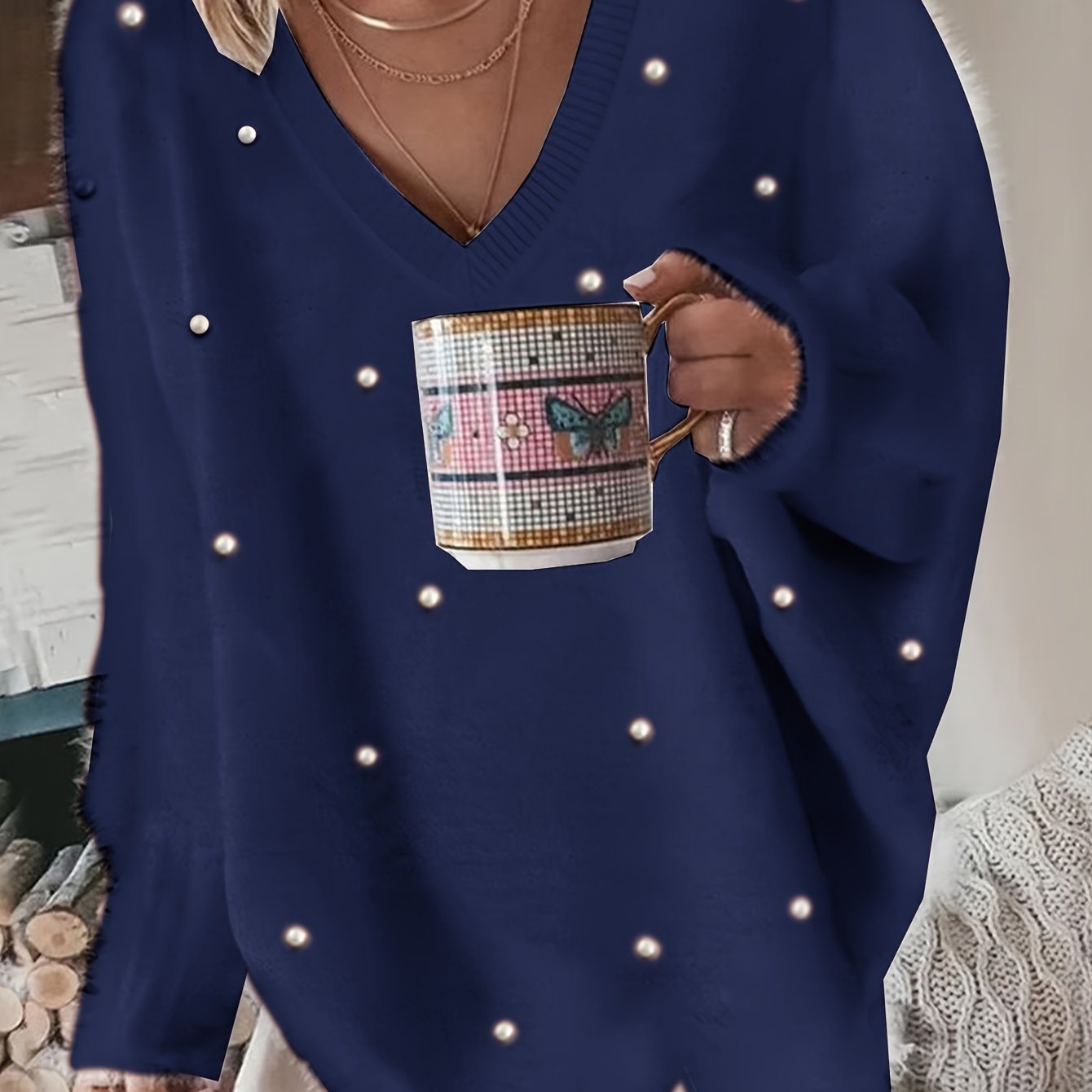 Plus Size V-Neck Sweater – Yellow Geometric Knit with Pearl Buttons & Fleece-Lined Cuffs, Asymmetrical Hem