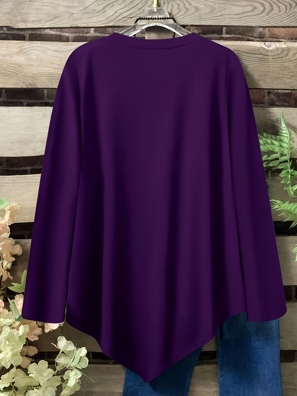 Plus Size Women's Loose Fit Long Sleeve Top with Button Detail, Round Neck & Asymmetrical Hem