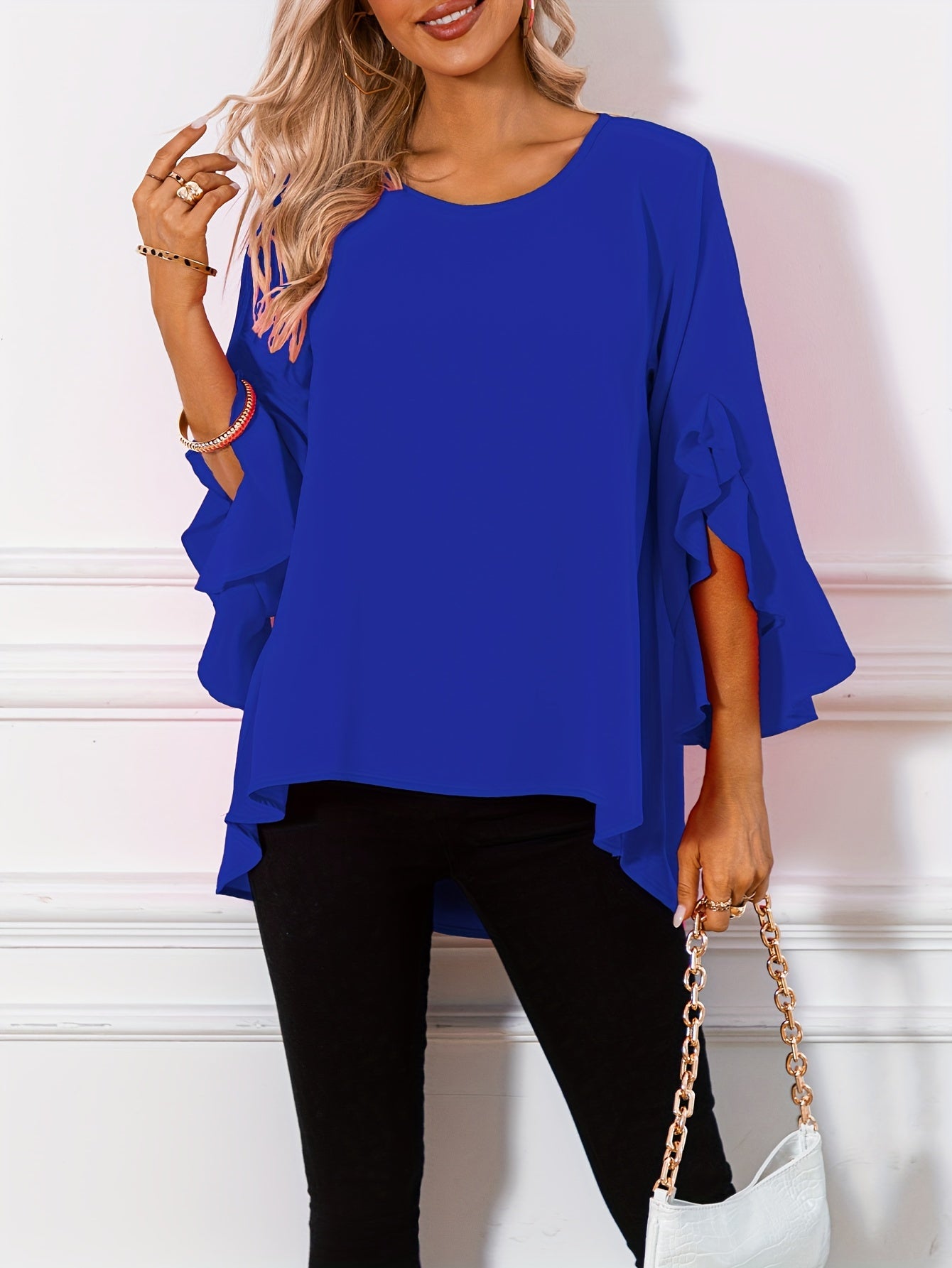 Women's Solid Crew Neck Ruffle Sleeve Blouse – Elegant Spring & Summer Woven Top