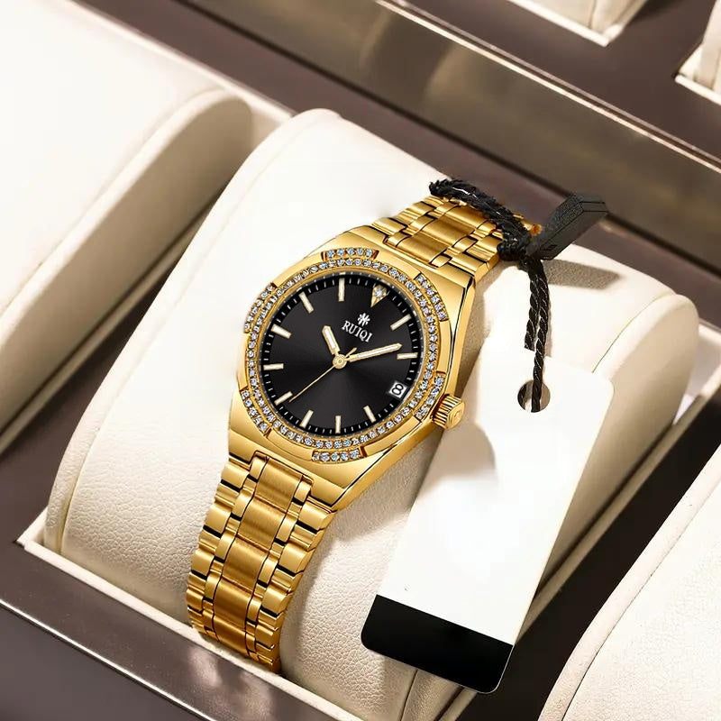 Automatic Mechanical Women's Watch — Rhinestone Dial, Calendar, Luminous Hands, Battery-Free, Stainless Steel Band