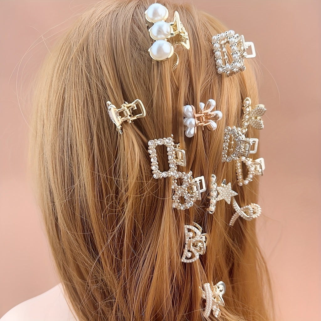 6-Pack Women's Metal Hair Claw Clips with Faux Pearls & Rhinestones, Elegant Boho Set