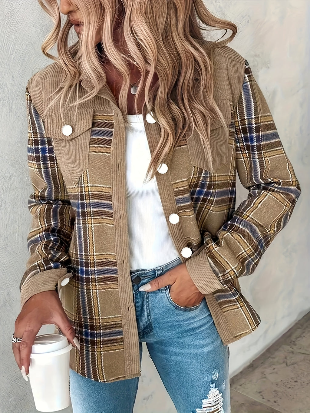 Women's Pink & Black Plaid Long Sleeve Button Shirt - Square Neck, 100% Polyester, Machine Washable