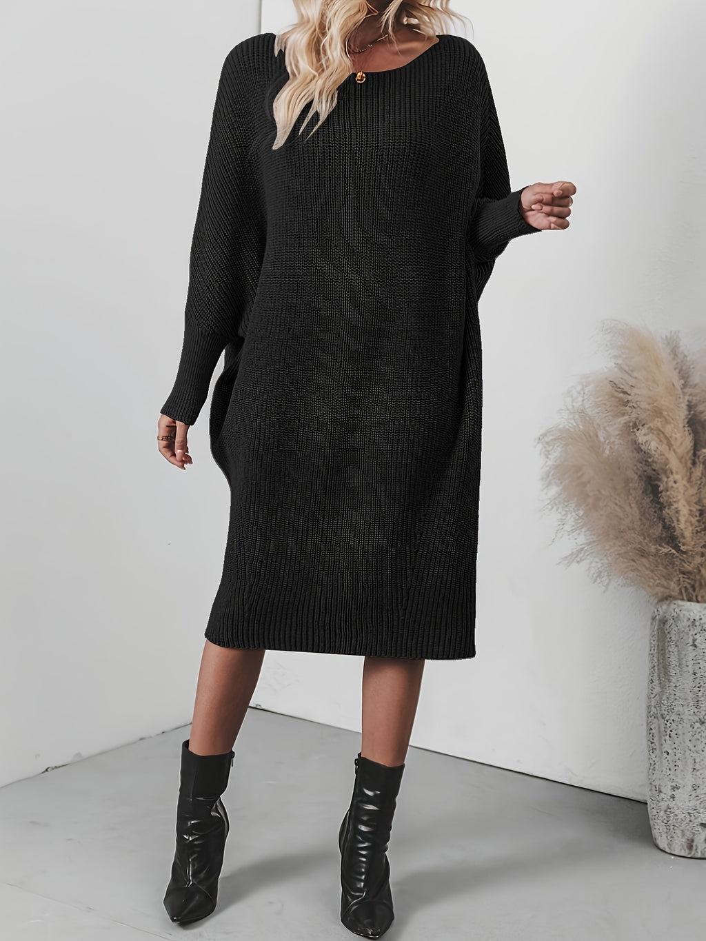 Plus Size Ribbed Button-Up Cardigan Sweater Dress for Women — Long Sleeve Casual Fall/Winter Black
