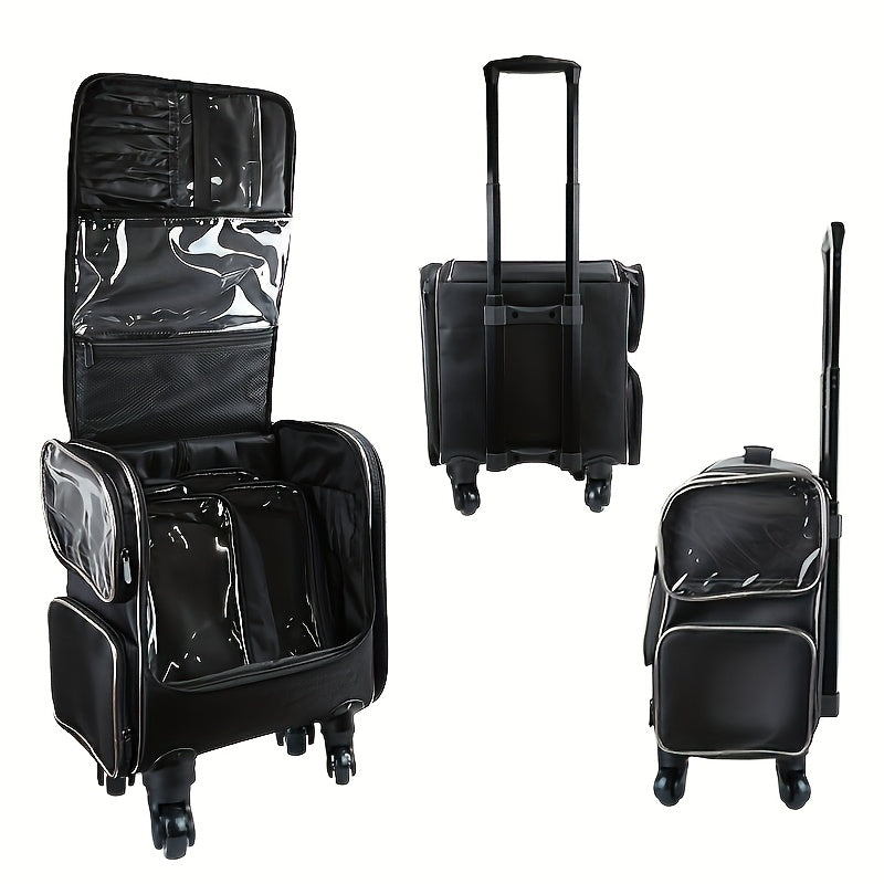 Rolling Cosmetic Case with 360° Wheels — Multi-Compartment Nylon Travel Makeup Organizer