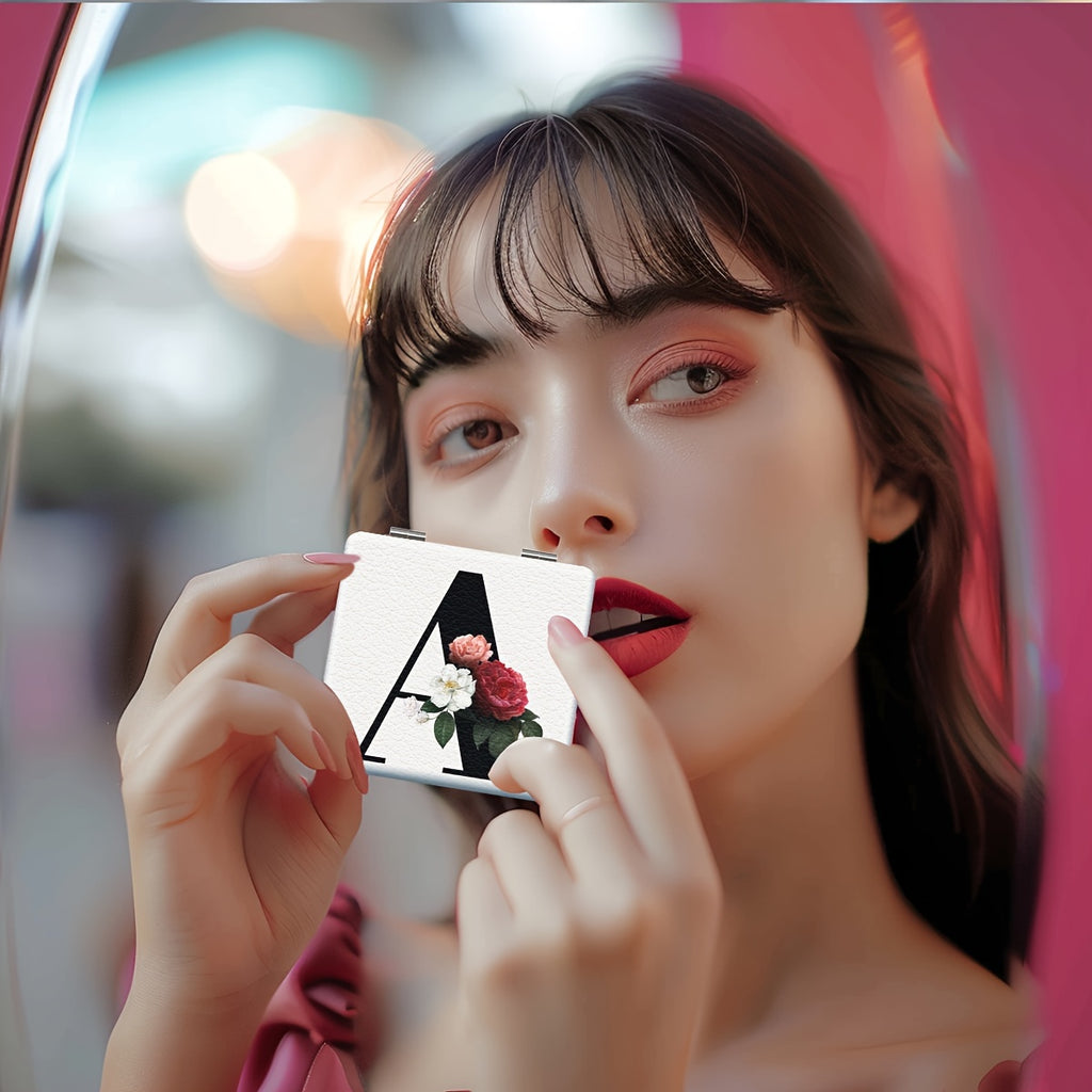 Alphabet Folding Handheld Makeup Mirror for Women & Girls - Floral & Heart Cutout Portable Vanity Mirror A-Z