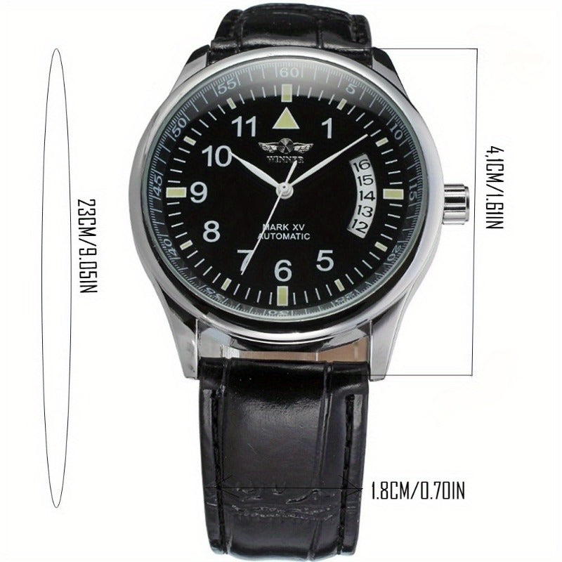 WINNER Self-Winding Mechanical Watch for Women & Men - Large Dial, Round Alloy Case, PU Leather Strap, Calendar