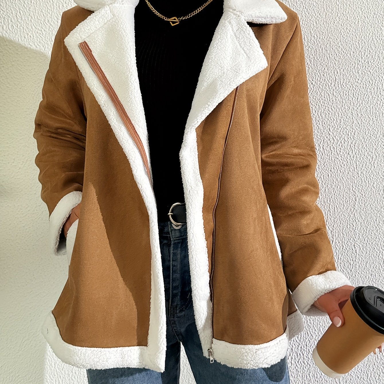 Women's Faux Fur Trim Jacket – Minimalist Elegant Faux Leather Outerwear, Warm & Machine Washable