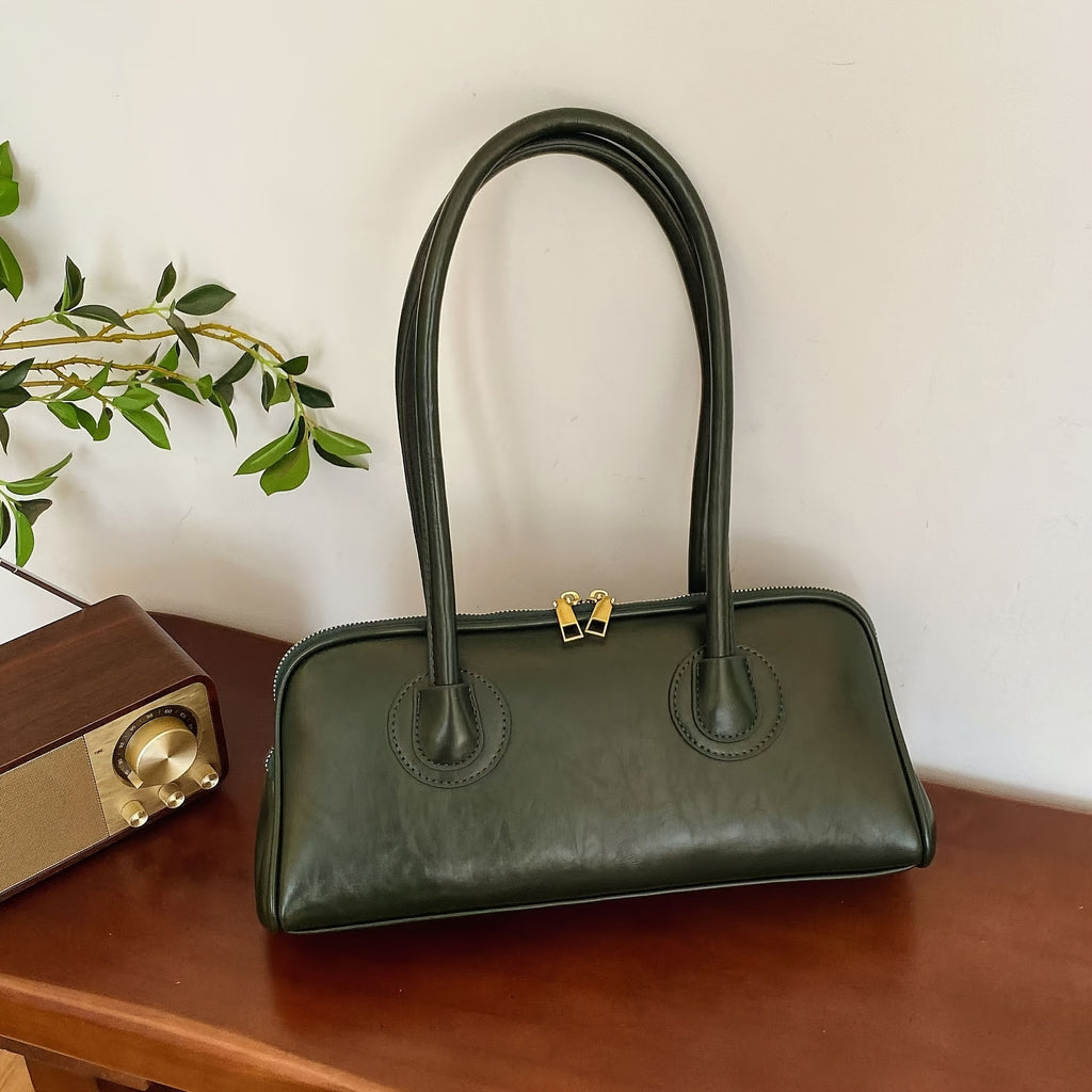 Vintage Women's Shoulder Bag – French Baguette Underarm PU Leather Bag, Zipper Closure, Black with Gold Hardware