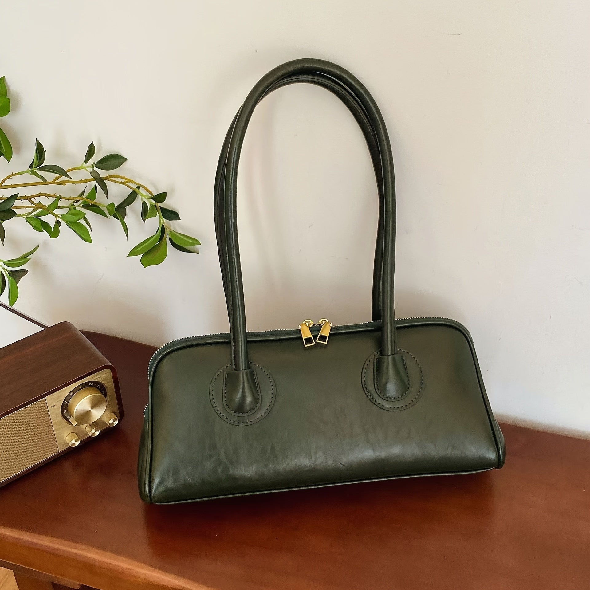 Vintage Women's Shoulder Bag – French Baguette Underarm PU Leather Bag, Zipper Closure, Black with Gold Hardware