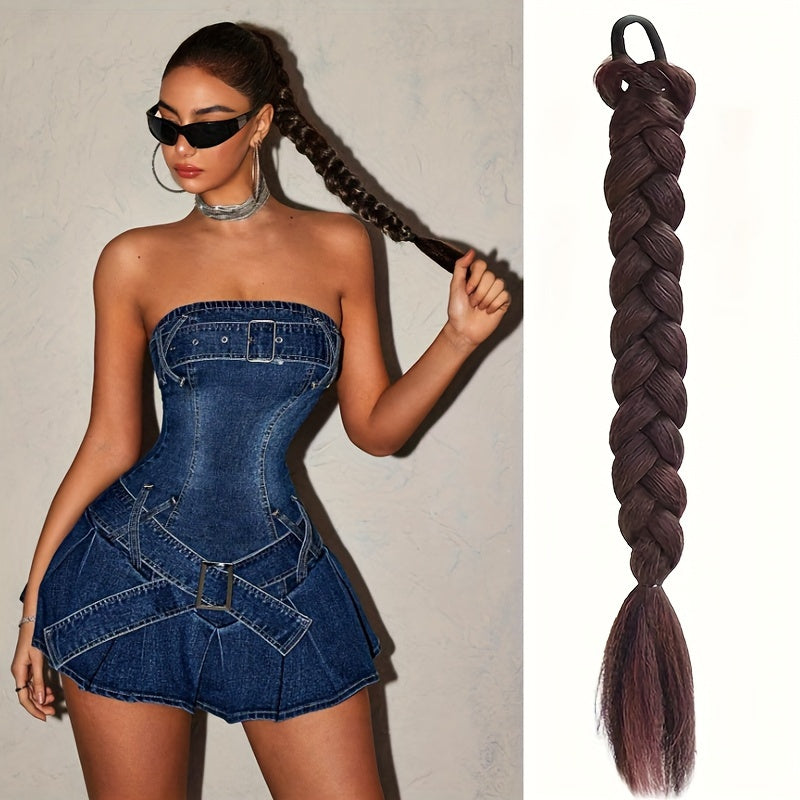 Box Braided Long Ponytail Extension for Women – Synthetic High-Temp Fiber with Elastic Hair Tie