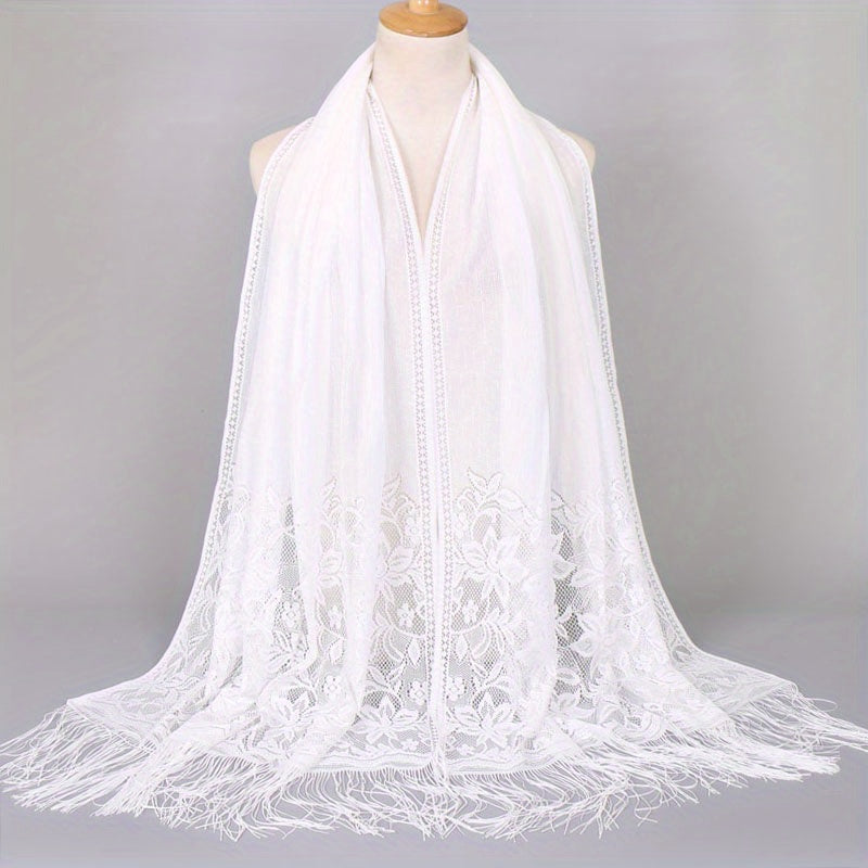 Lace Bridal Shawl – Embroidered Wedding Scarf with Tassels, Windproof Head Wrap & Church Veil