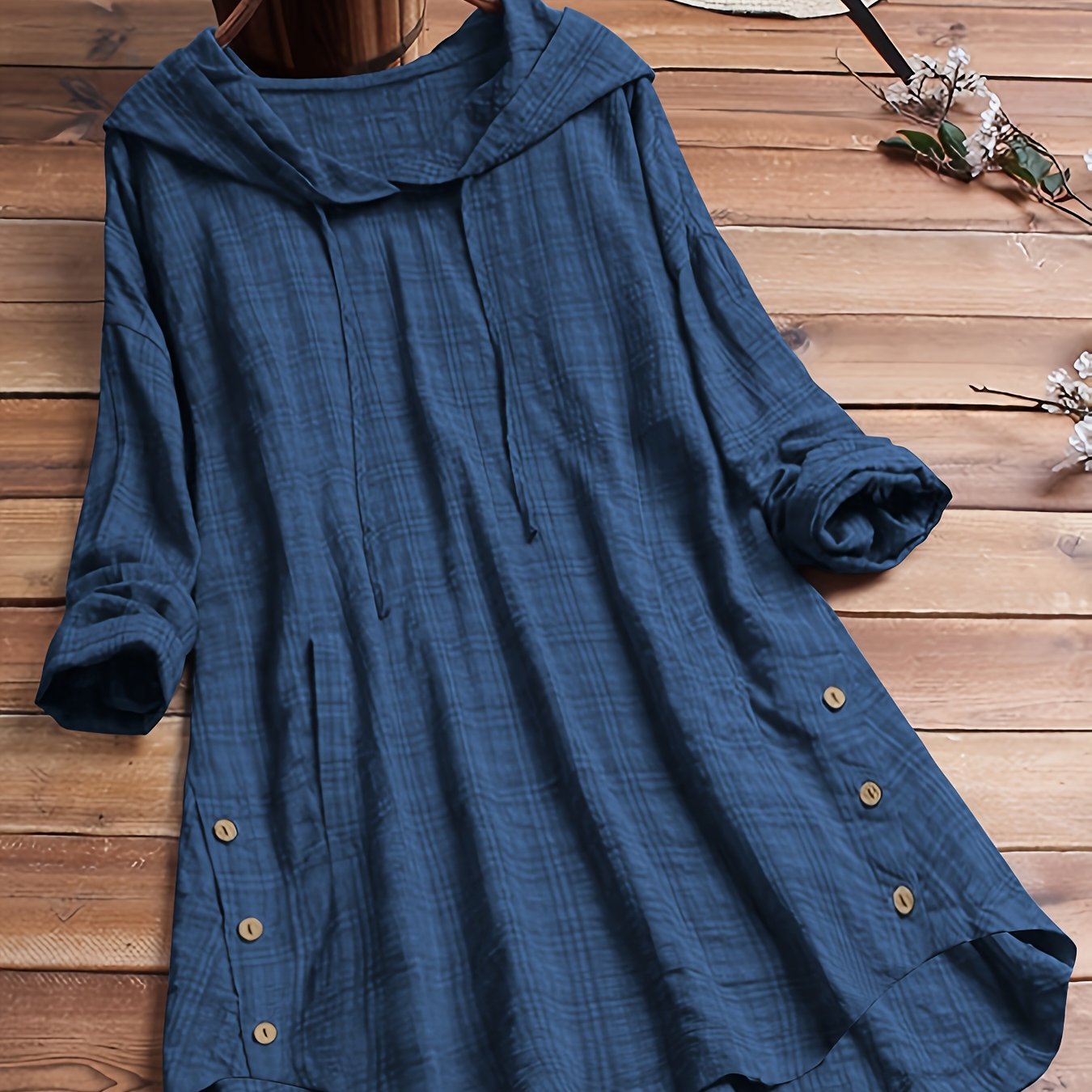 Women's Asymmetrical Plaid Hooded Shirt – Long-Sleeve Drawstring Waist-Tie Casual Blouse