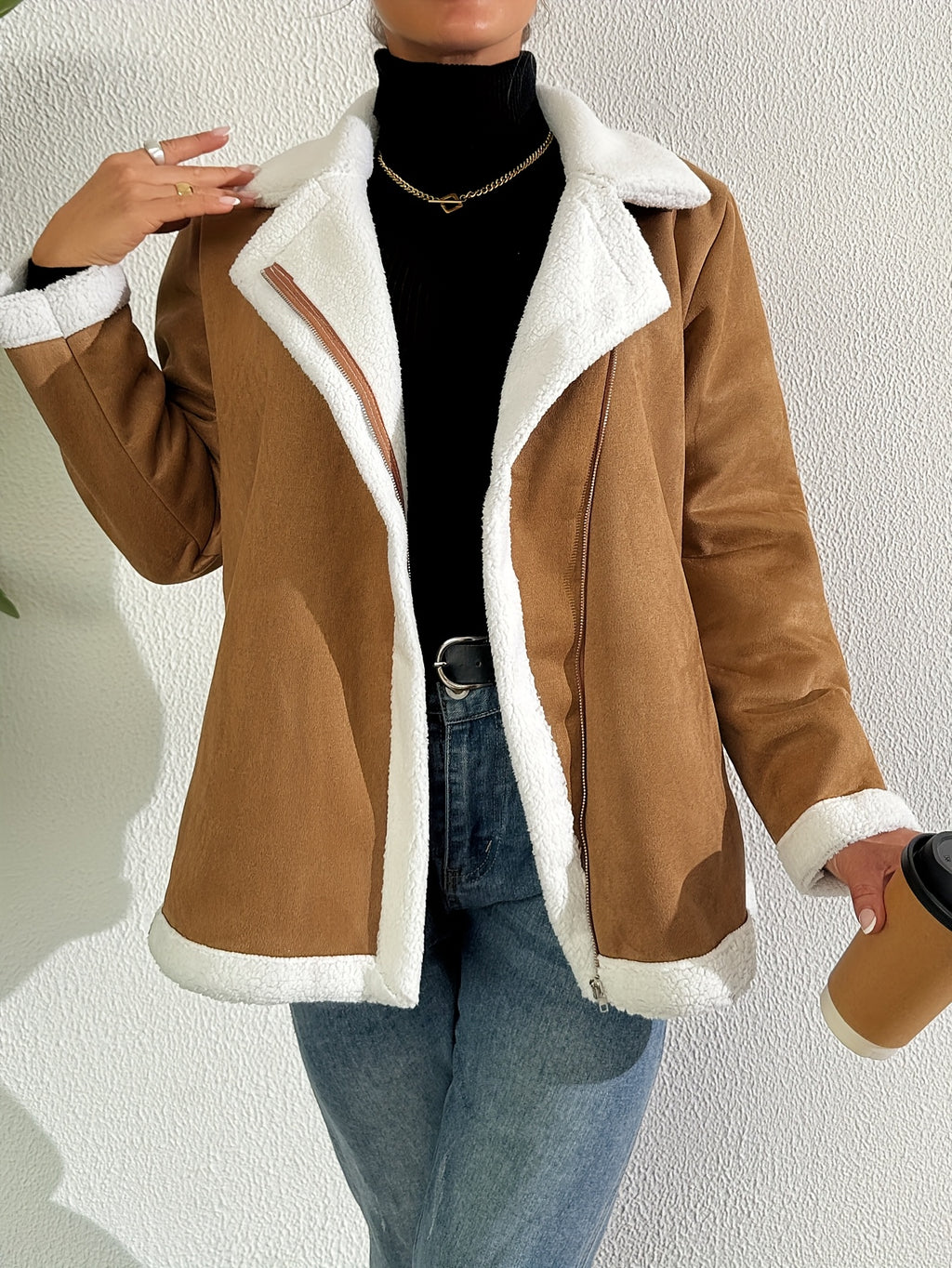 Women's Faux Fur Trim Jacket – Minimalist Elegant Faux Leather Outerwear, Warm & Machine Washable