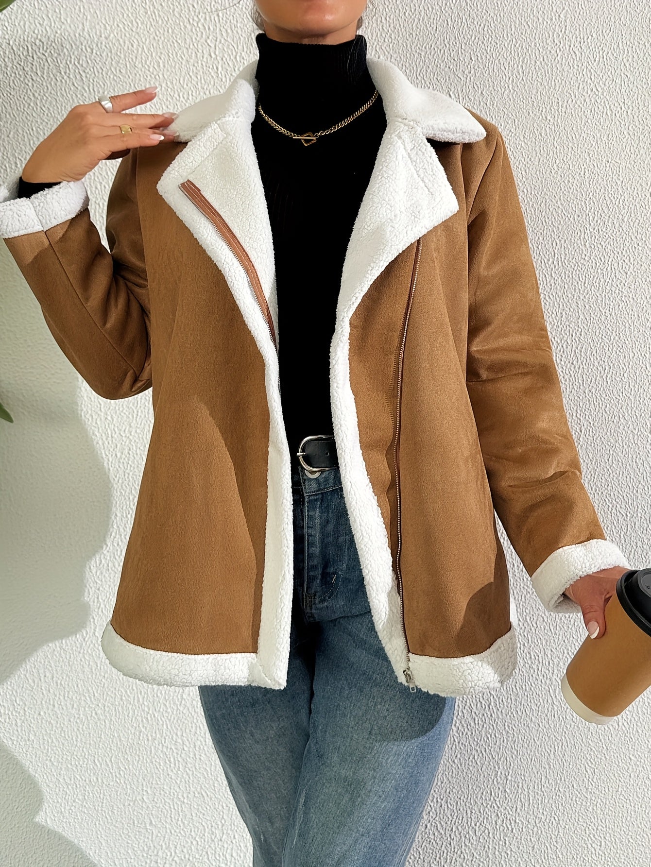 Women's Faux Fur Trim Jacket – Minimalist Elegant Faux Leather Outerwear, Warm & Machine Washable