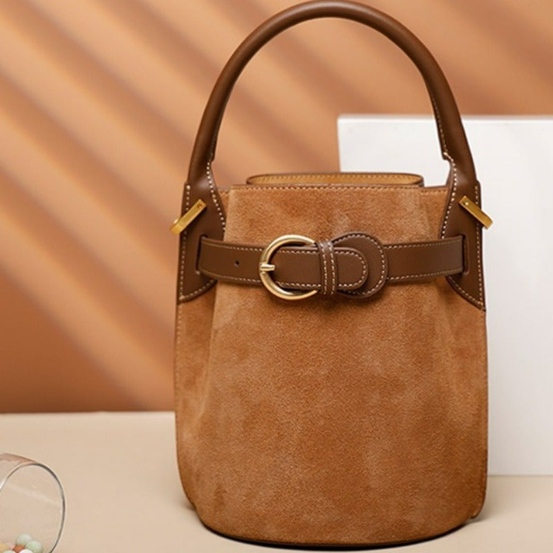 Genuine Leather Bucket Bag for Women - Convertible Handheld & Crossbody with Adjustable Strap, Drawstring Closure, Gold-Tone Hardware, Textured Luxury (Beige, Pink, Purple, Chocolate)
