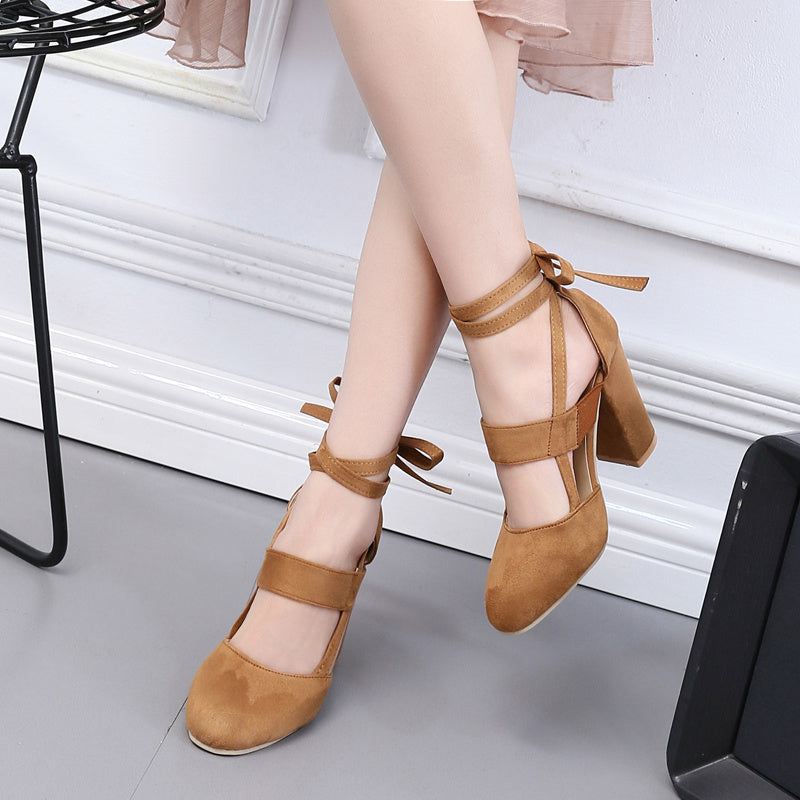 Elegant Women's High Heel Ankle-Strap Sandals – Fabric Upper, Round Toe, Lace-Up Block Heel, Rubber Sole