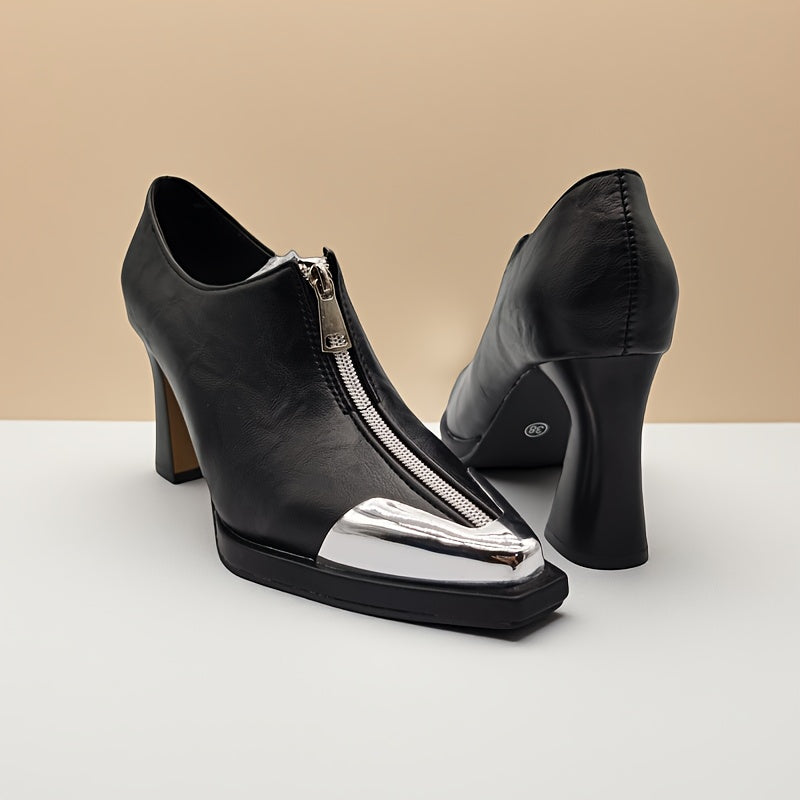 Women's Black Pointed Toe Chunky Block Heel Pumps with Metallic Toe Accent – Comfortable Rubber Sole Dress Shoes