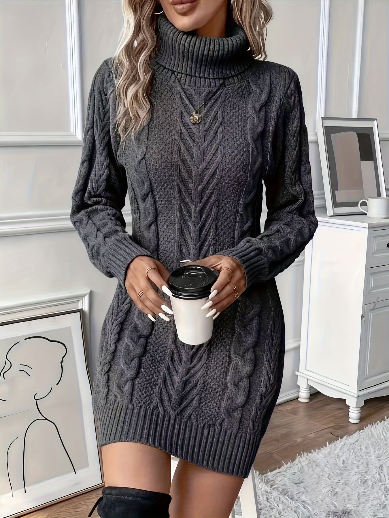 Women's Cable Knit Sweater Dress - High Neck Rib-Knit Long Sleeve Fall/Winter