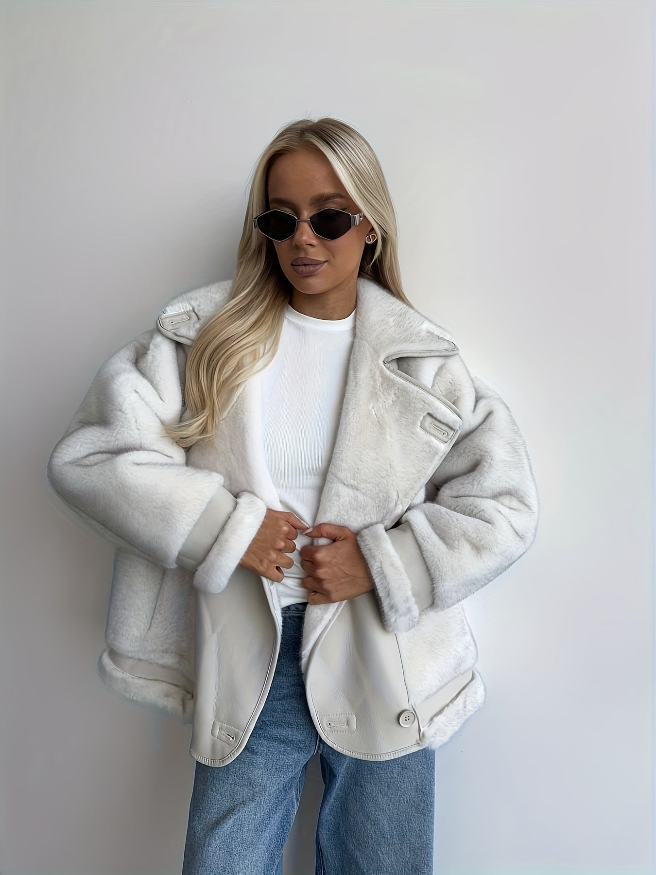 AFTF BASIC Women's Long Faux Mink Fur Jacket, Asymmetrical Hem Motorcycle Coat with Turnover Collar and Faux Fur Lining