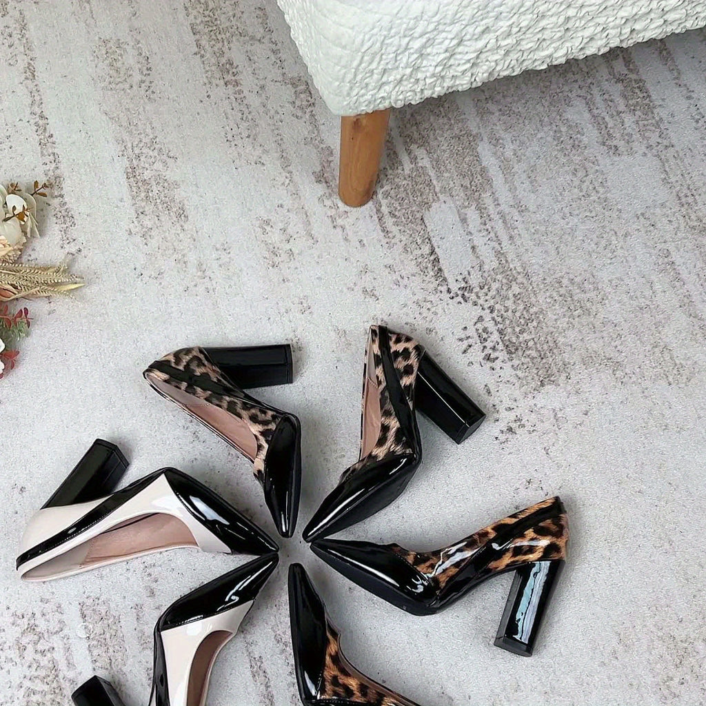 Women's Pointed Toe Block Heel Pumps, Black and White Colorblock, Ultra High Heel, Faux Leather, All-Season