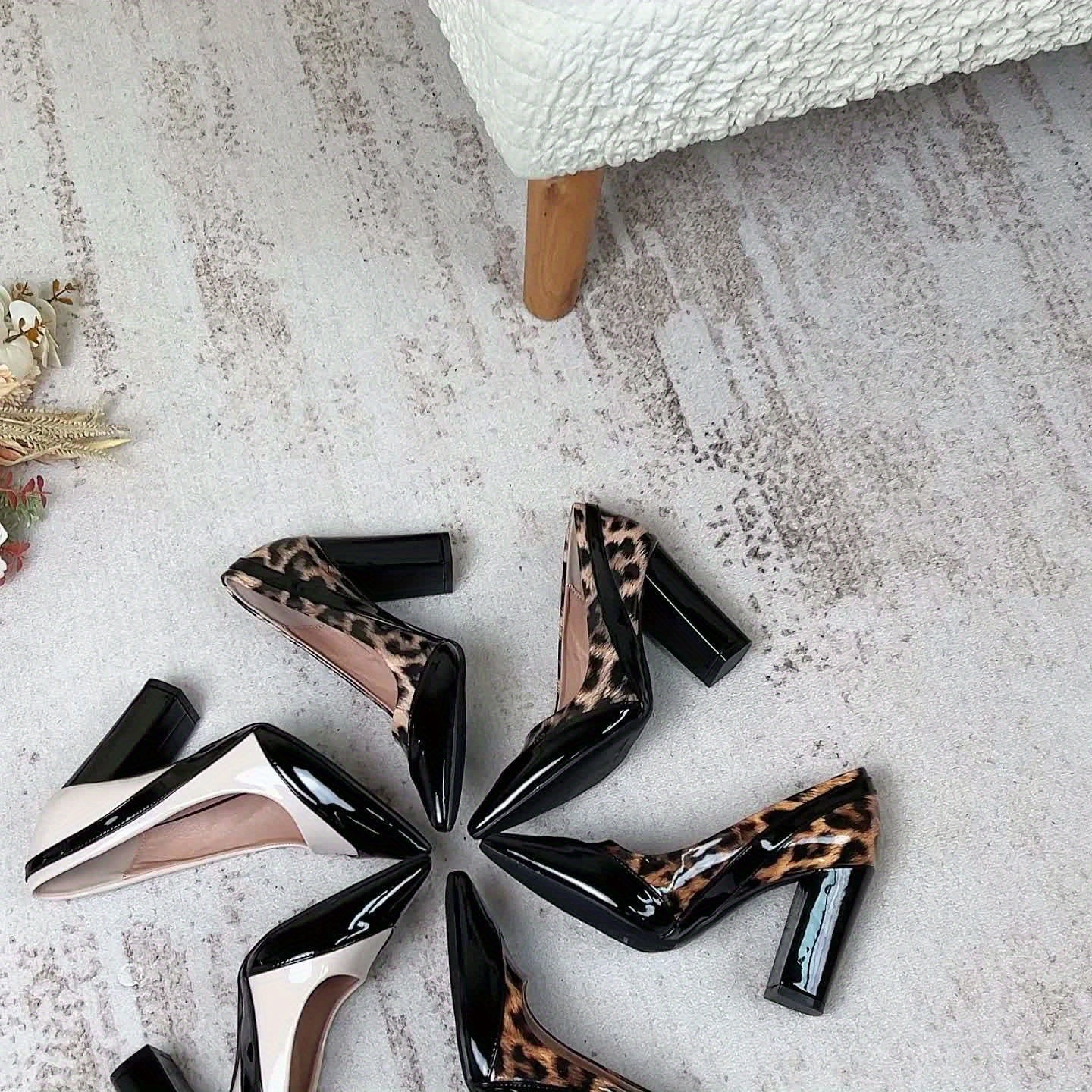 Women's Pointed Toe Block Heel Pumps, Black and White Colorblock, Ultra High Heel, Faux Leather, All-Season