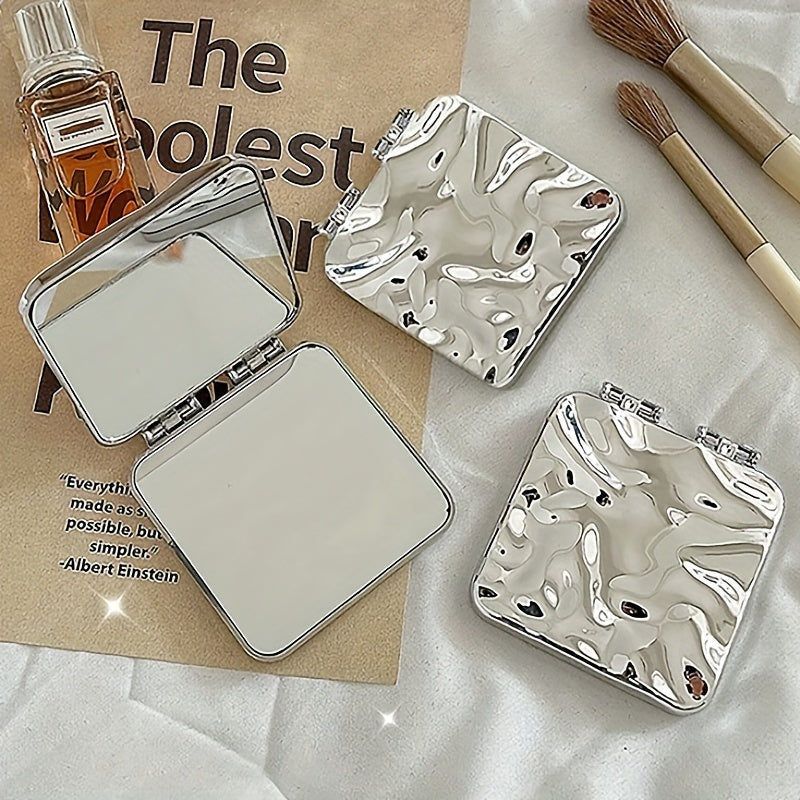 Wavy Silver Handheld Makeup Mirror - Compact Nautical Vanity Mirror for Travel & Gift