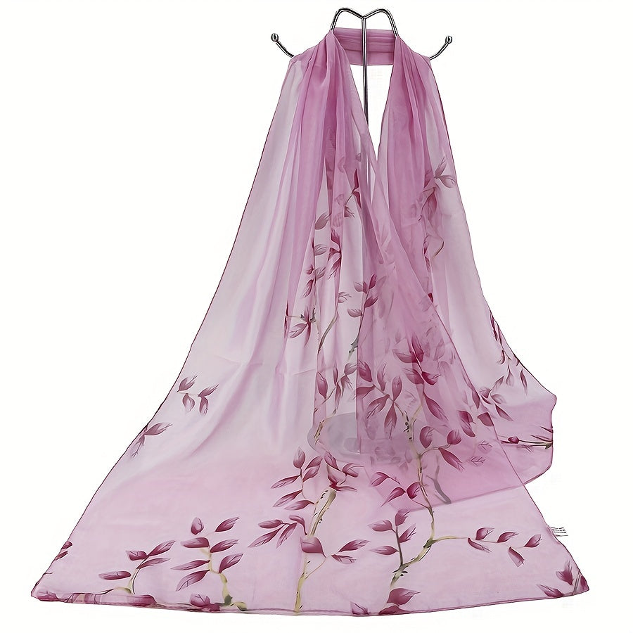 Sheer Bamboo Leaf Chiffon Shawl Scarf – Lilac & Green Lightweight Wrap for Beach, Wedding & Party, 59 x 19 in (150 x 50 cm)