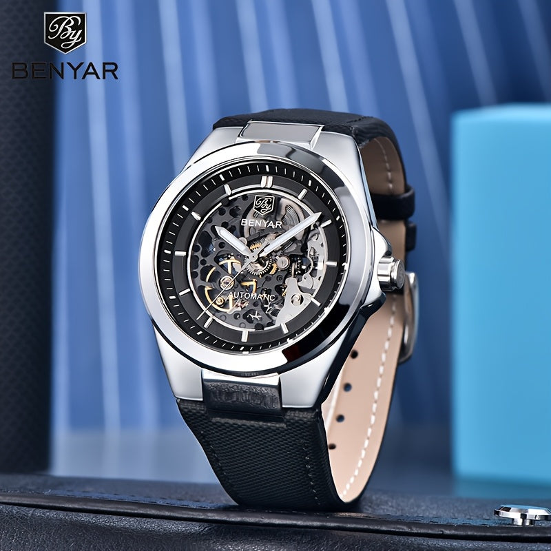 BY BENYAR Automatic Mechanical Unisex Watch – Luminous Round Dial, Blue & Gold Accents, PU Faux Leather Strap