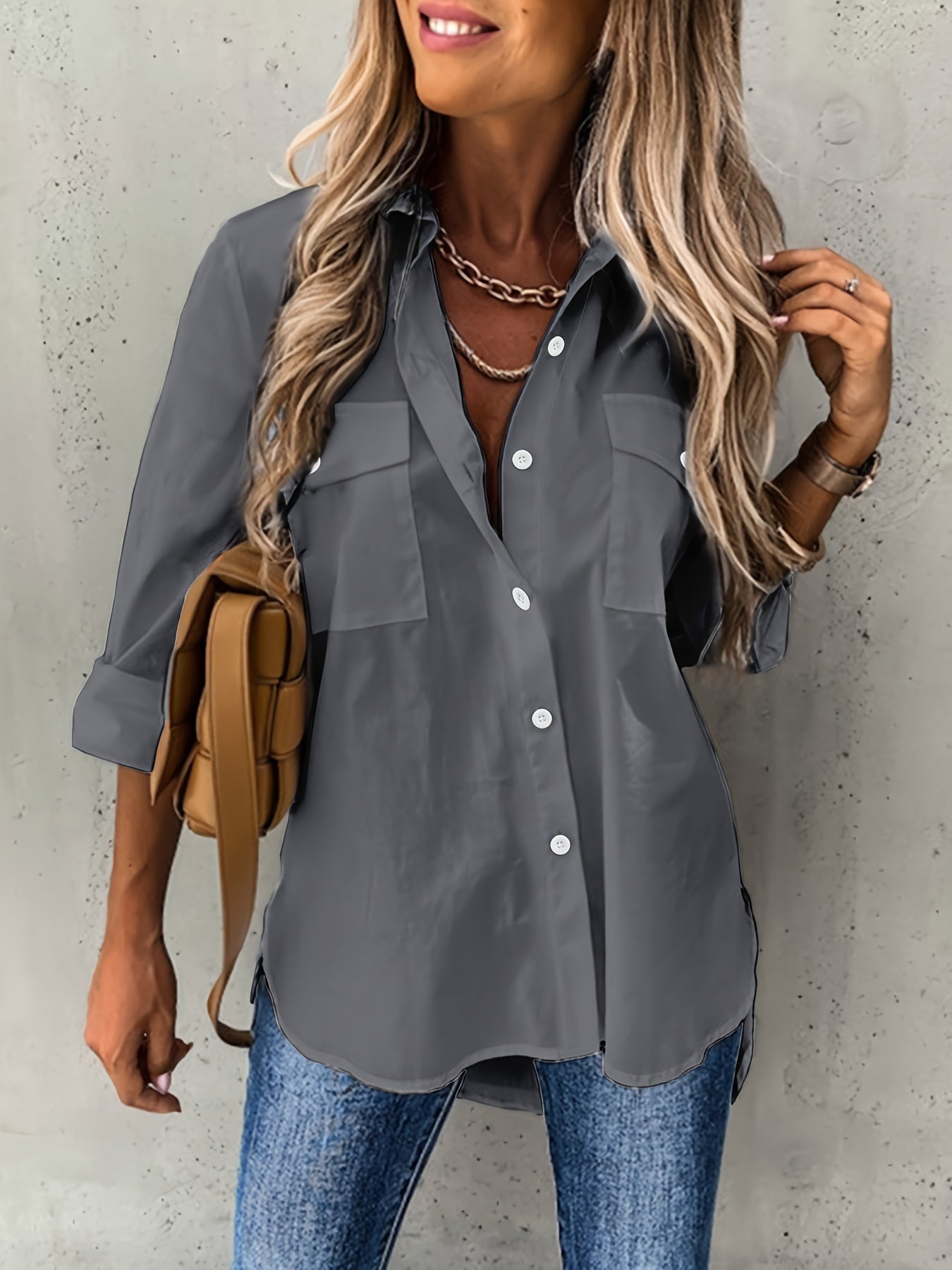 Women's Button-Front Collared Long Sleeve Shirt — Solid Casual Office Blouse